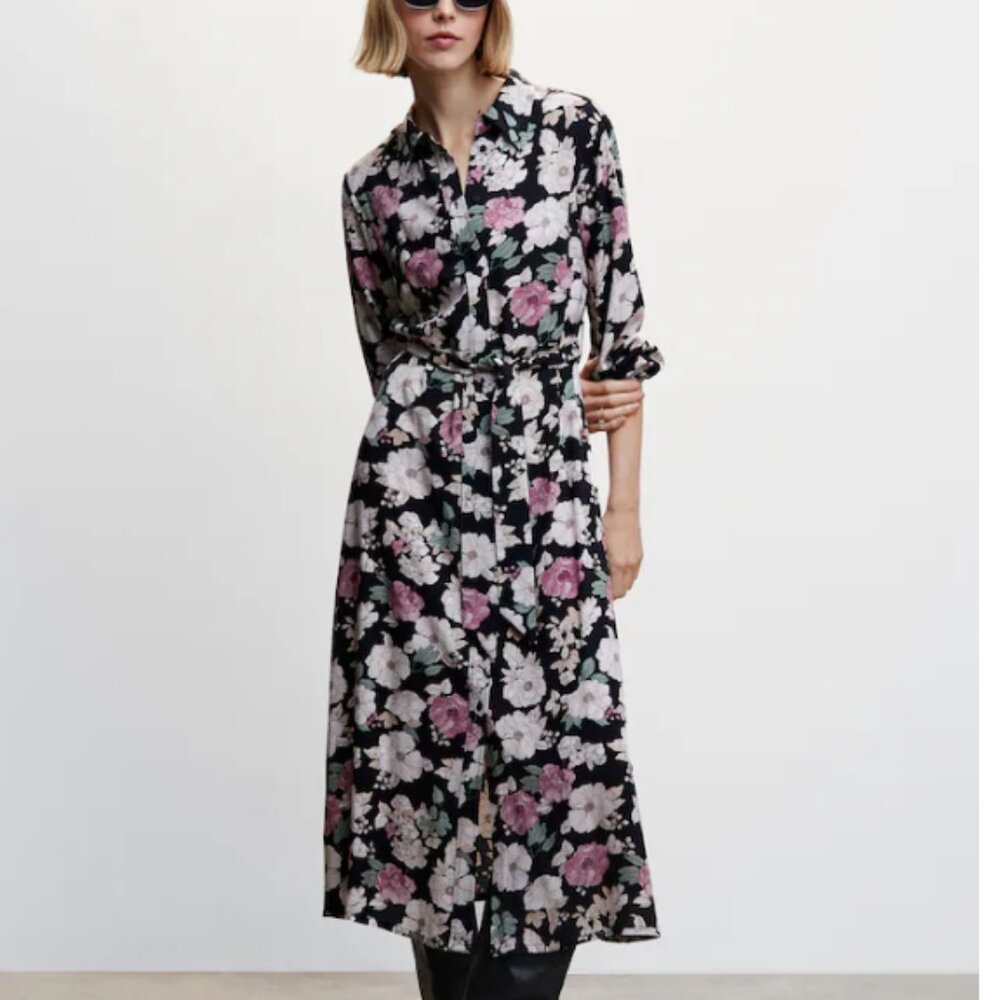 Mango Black Floral Midi Shirt Dress with Pink and White Blooms